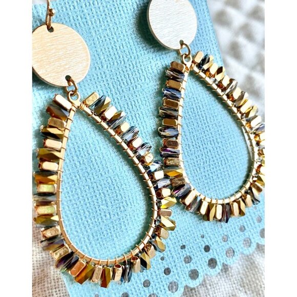New Faceted Beaded Gold Tone Boho Teardrop Shape Dangle Statement Earrings - 3" - Picture 3 of 4